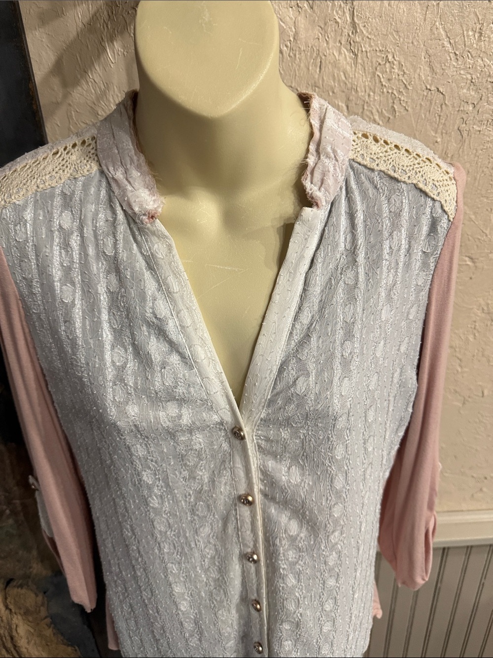 Lace-Front Button-Down Top in Blush and Ivory - Picture 2 of 7